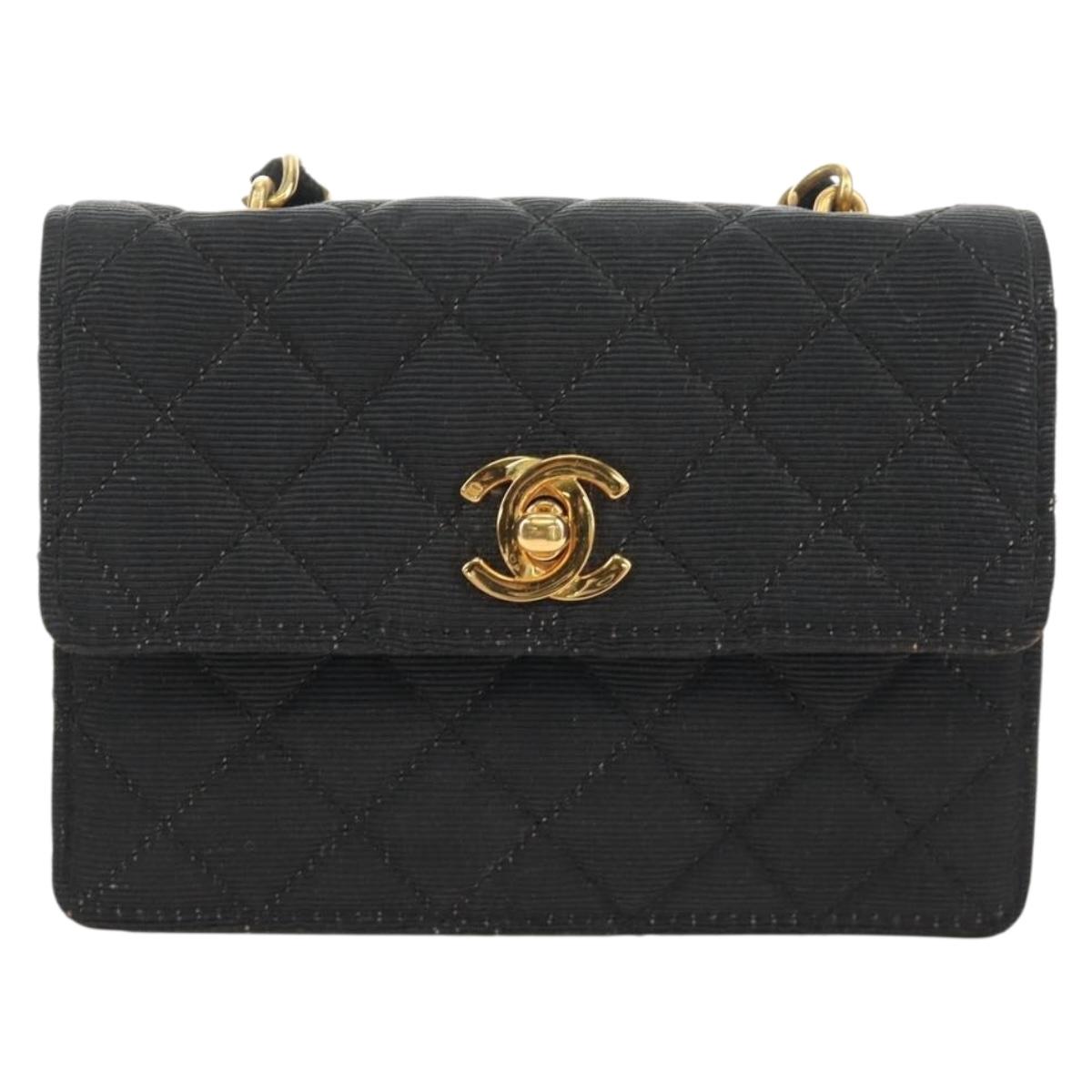 CHANEL Matelasse Chain Shoulder Pouch Canvas Black Gold CC Auth 184384V