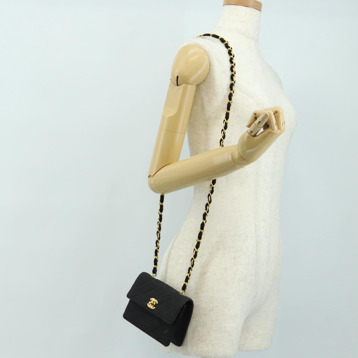 CHANEL Matelasse Chain Shoulder Pouch Canvas Black Gold CC Auth 184384V