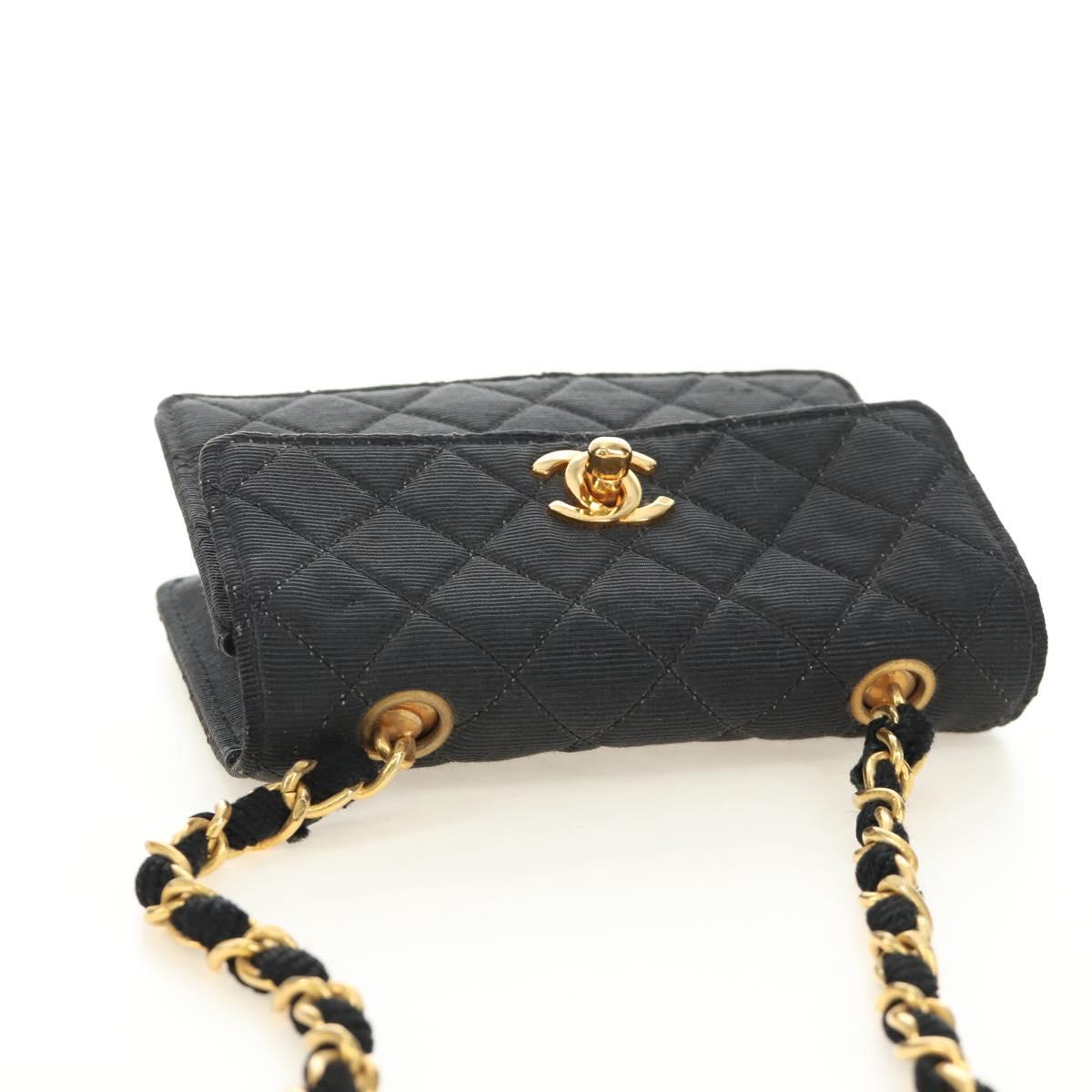 CHANEL Matelasse Chain Shoulder Pouch Canvas Black Gold CC Auth 184384V
