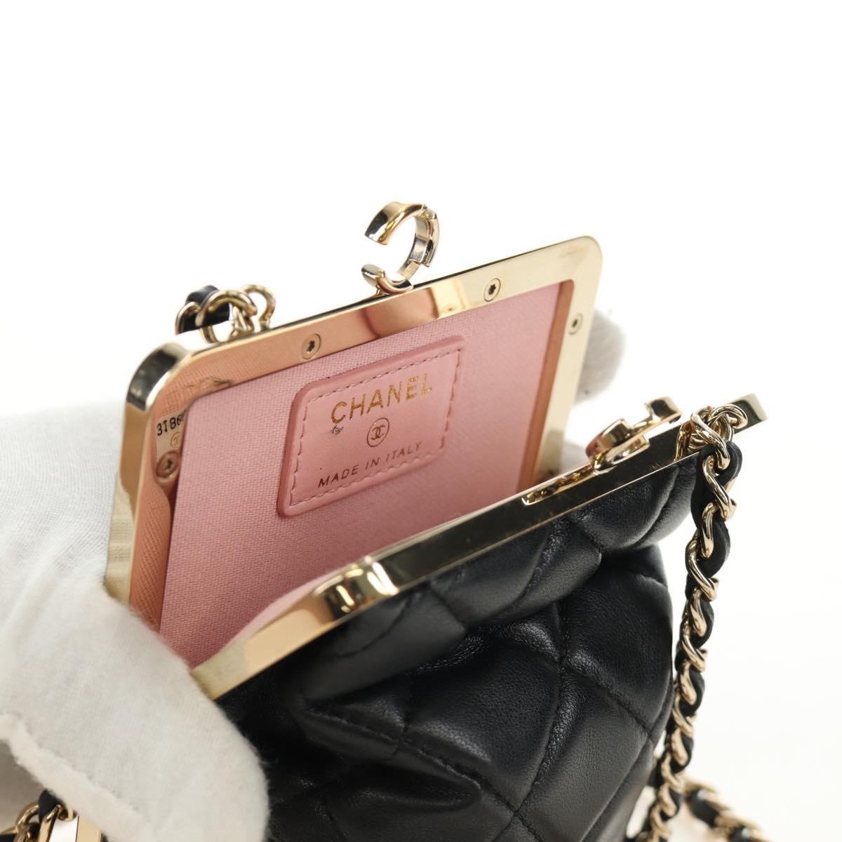 CHANEL Chain Shoulder Pouch Evening Bag Lamb Skin Black Gold CC Auth 184385SV