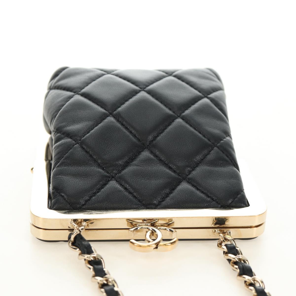 CHANEL Chain Shoulder Pouch Evening Bag Lamb Skin Black Gold CC Auth 184385SV