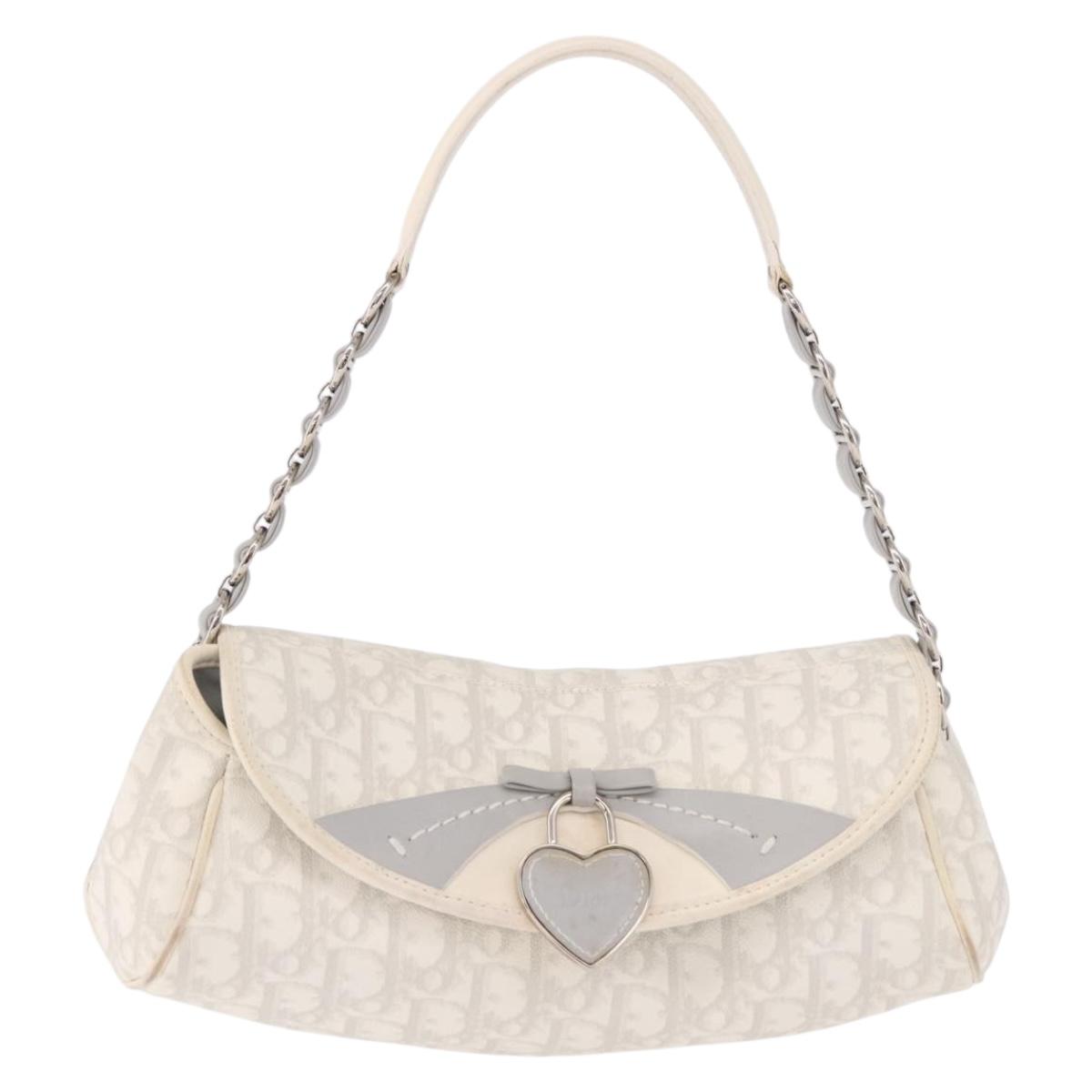 Christian Dior Trotter Canvas Romantic Chain Bag PVC White Silver Auth 184394SAM
