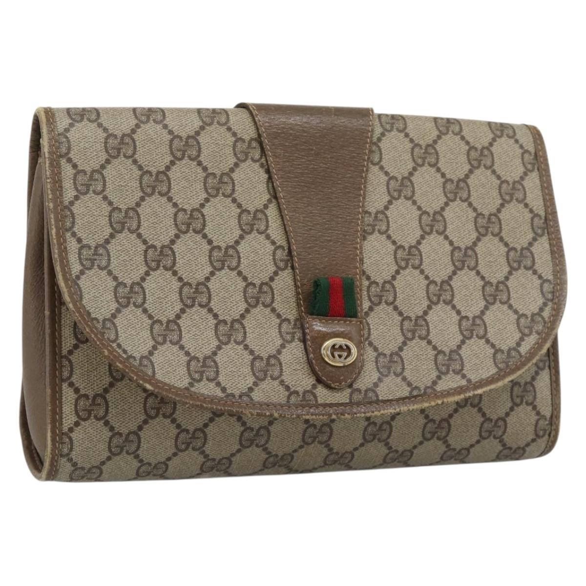 GUCCI GG Supreme Web Sherry Line Clutch Bag PVC Beige Gold 89 01 030 Auth 184406