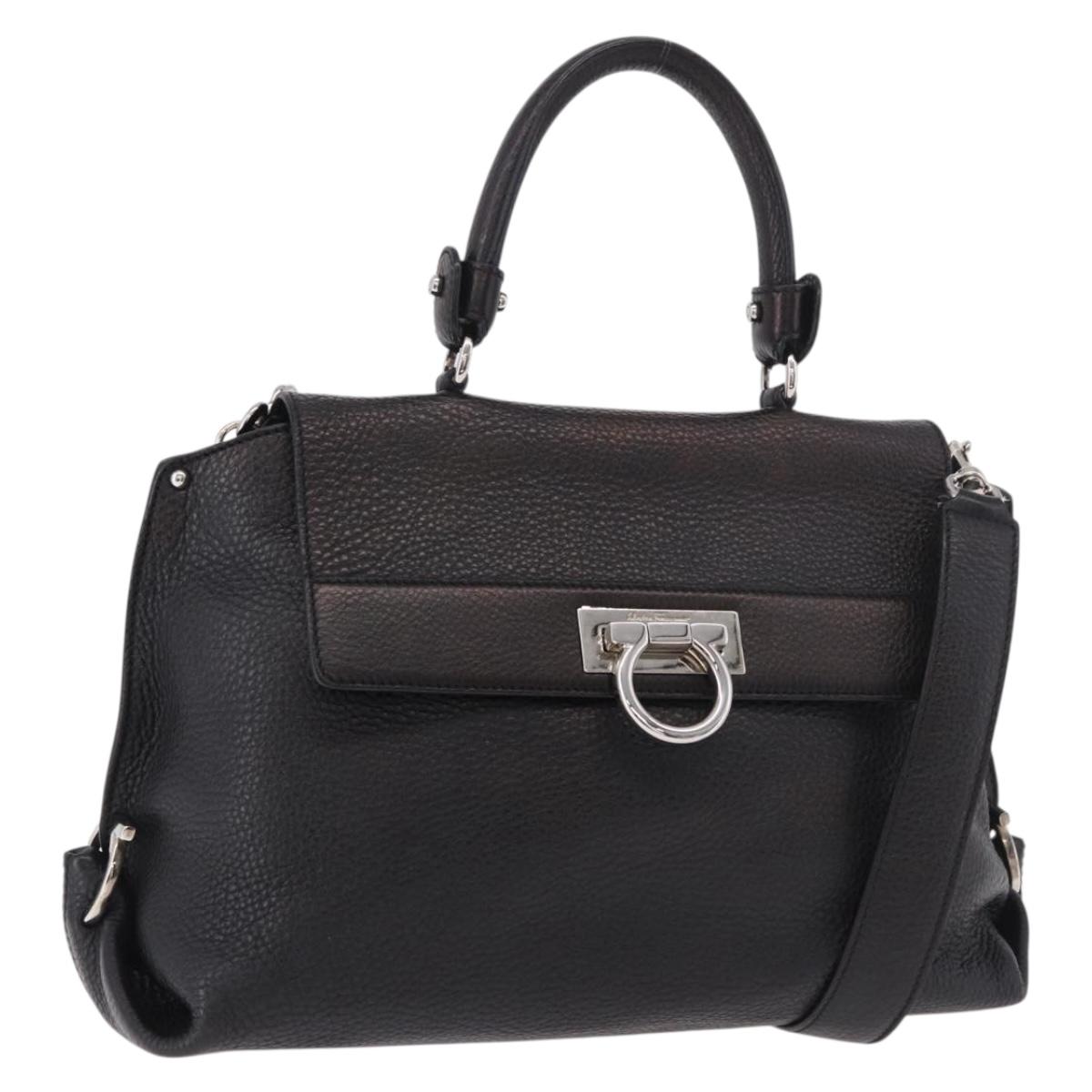 Salvatore Ferragamo Hand Bag Leather 2way Black Silver Auth 184407V