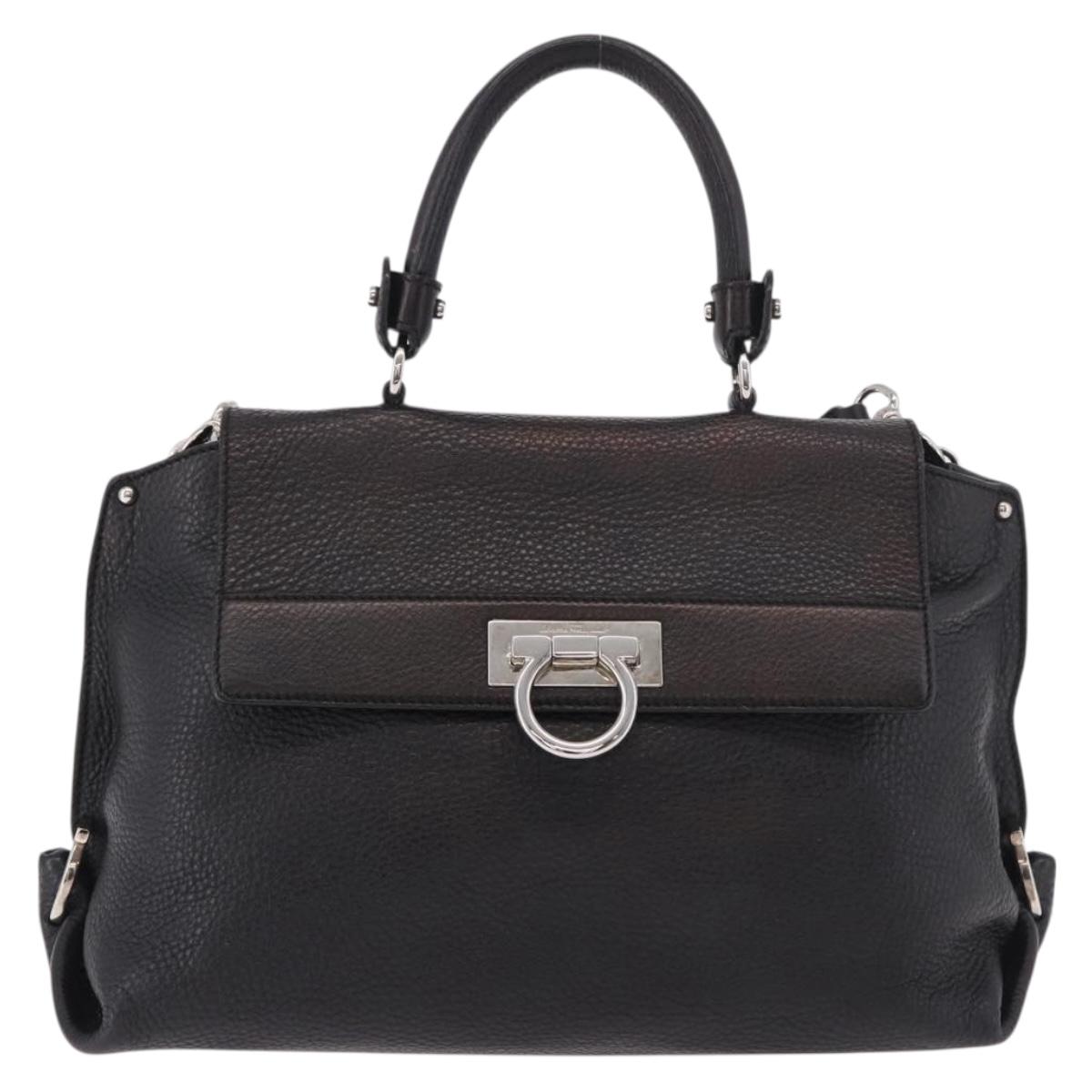 Salvatore Ferragamo Hand Bag Leather 2way Black Silver Auth 184407V