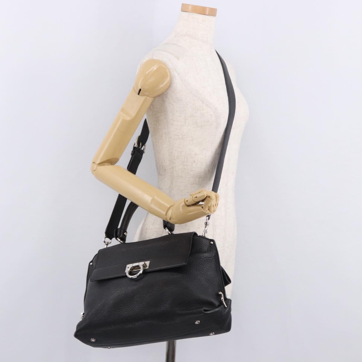 Salvatore Ferragamo Hand Bag Leather 2way Black Silver Auth 184407V