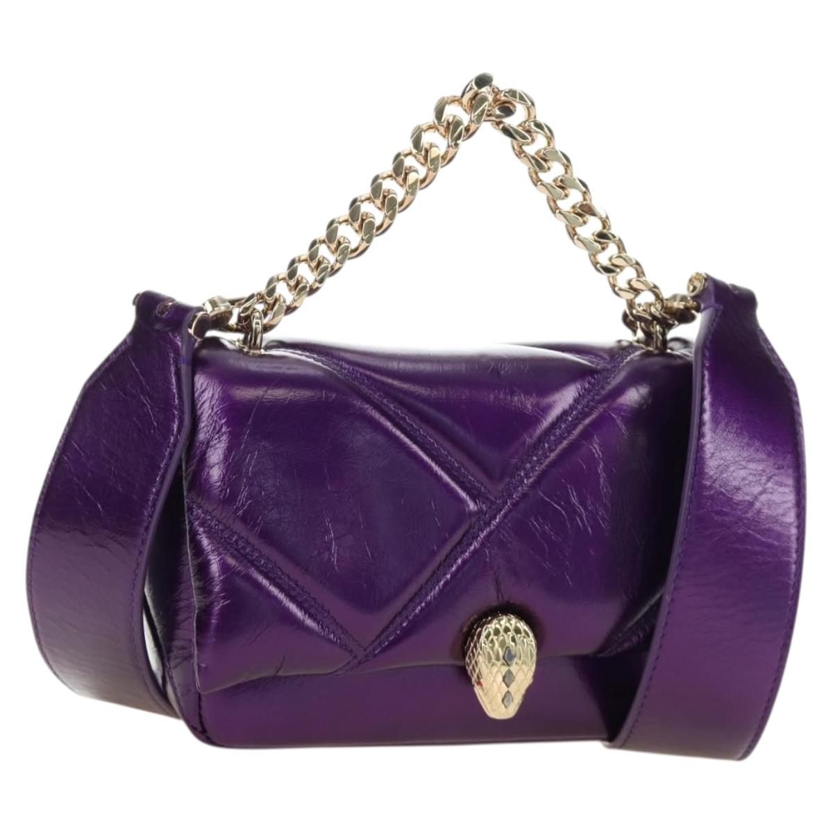 BVLGARI Serpenti Cabochon Cross Body Bag Leather Purple Gold Auth 184409SAM