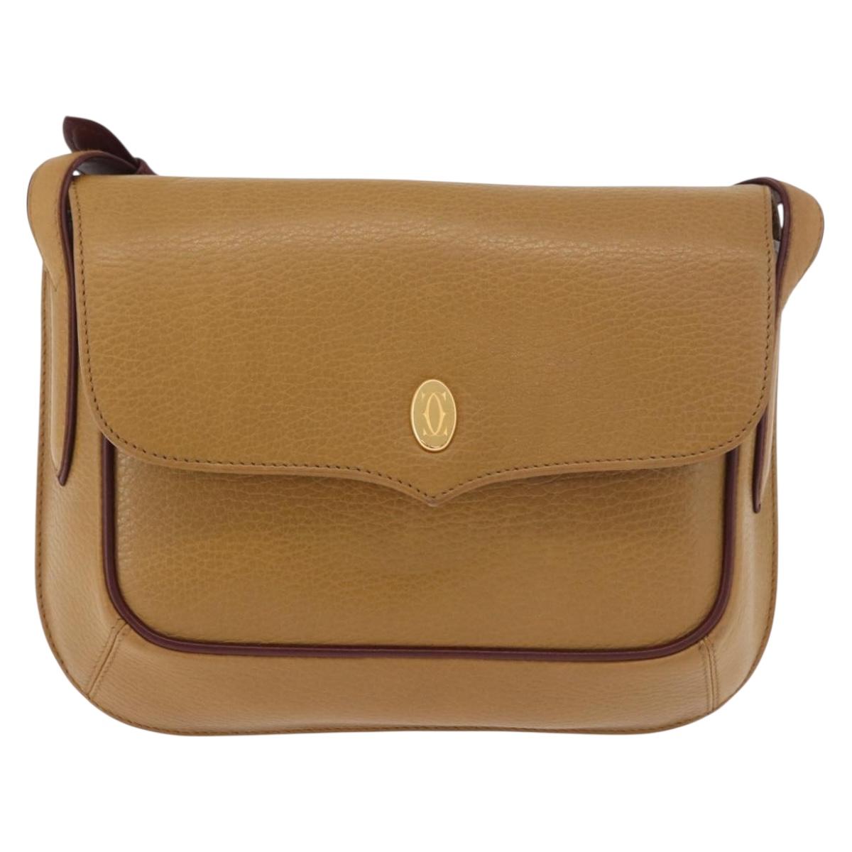 CARTIER Shoulder Bag Leather Beige Gold Auth 184435