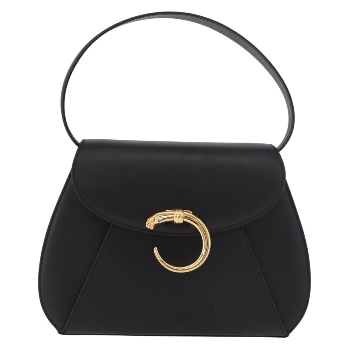CARTIER PANTHERE Hand Bag Leather Black Gold Auth 184443V