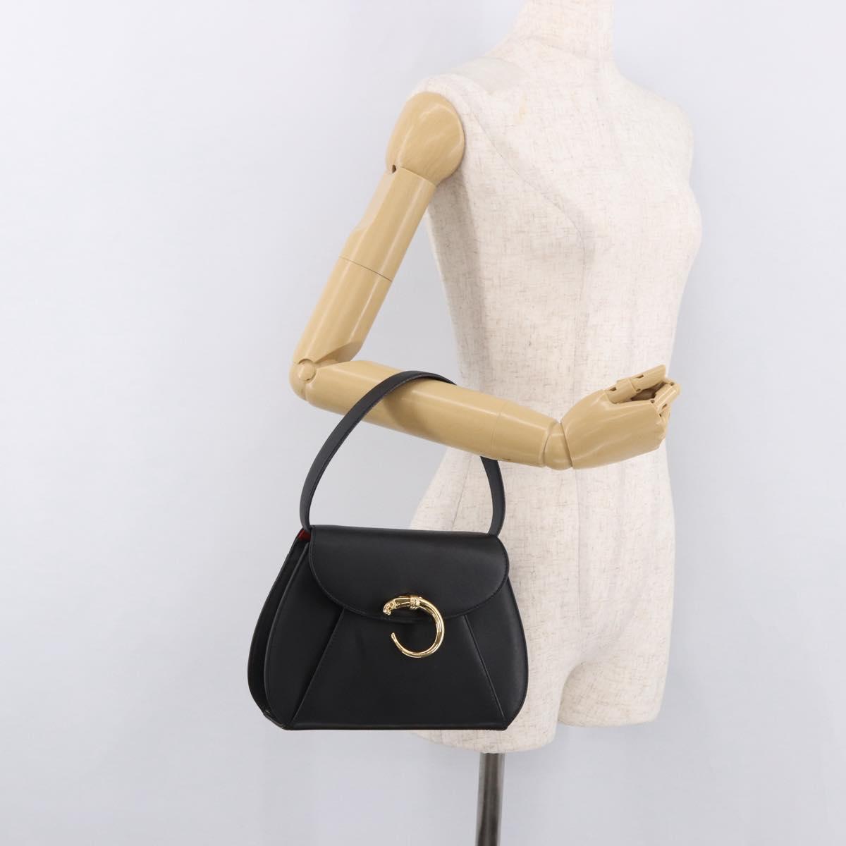 CARTIER PANTHERE Hand Bag Leather Black Gold Auth 184443V