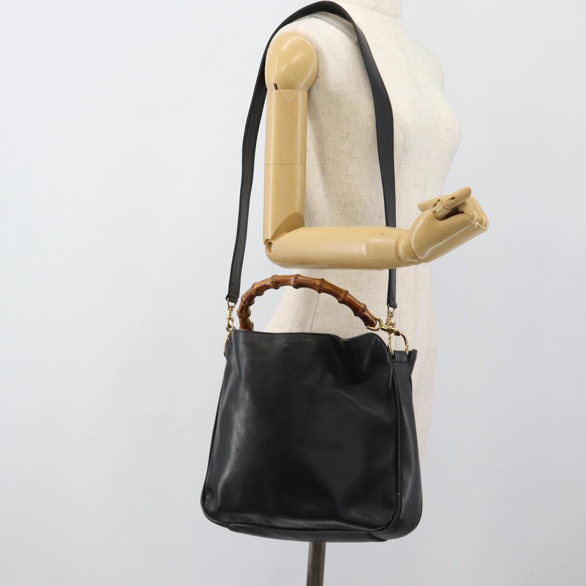 GUCCI Bamboo Hand Bag Leather 2way Black Gold 001 1638 2615 Auth 184452