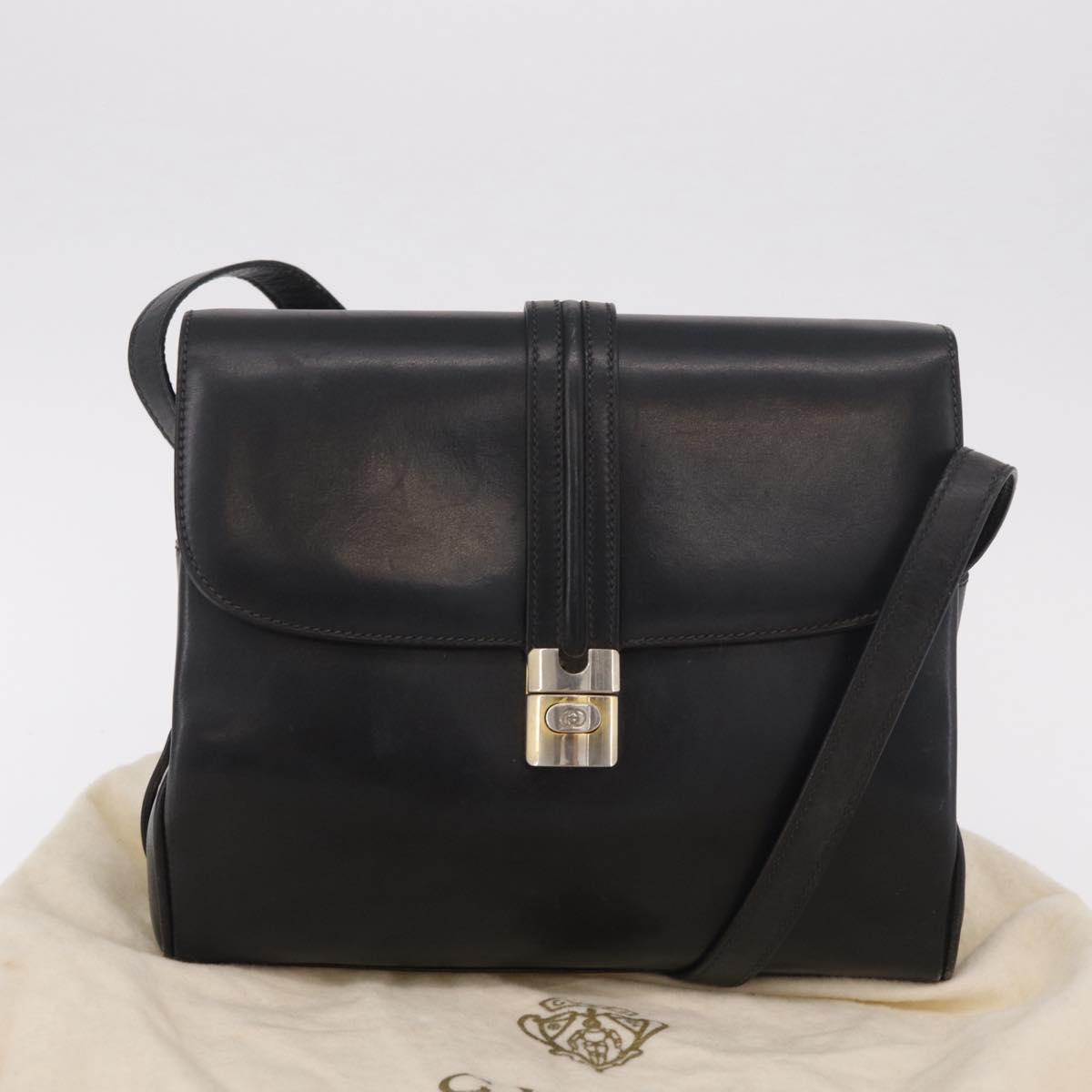 GUCCI Shoulder Bag Leather Navy Gold Auth 184456