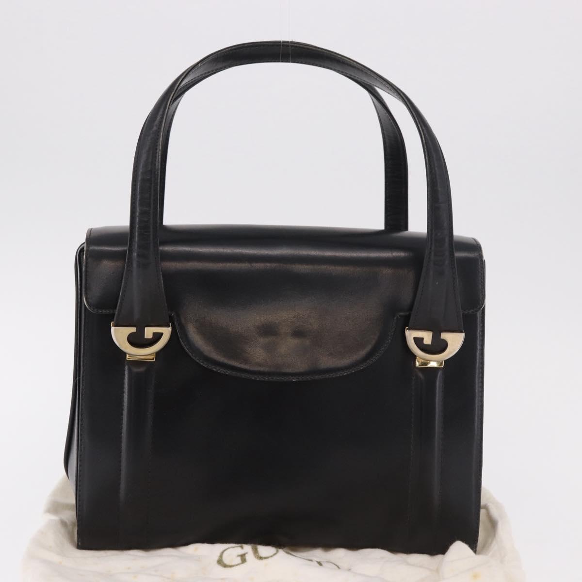 GUCCI Hand Bag Leather Black Gold Auth 184460