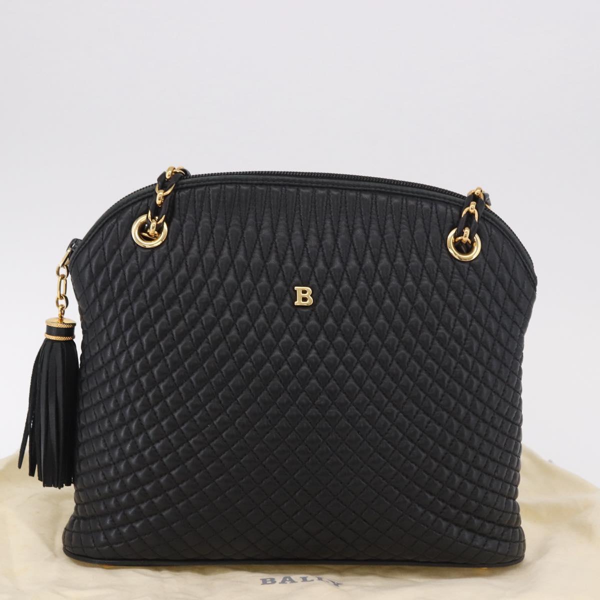 BALLY Chain Shoulder Bag Leather Black Gold Auth 184465