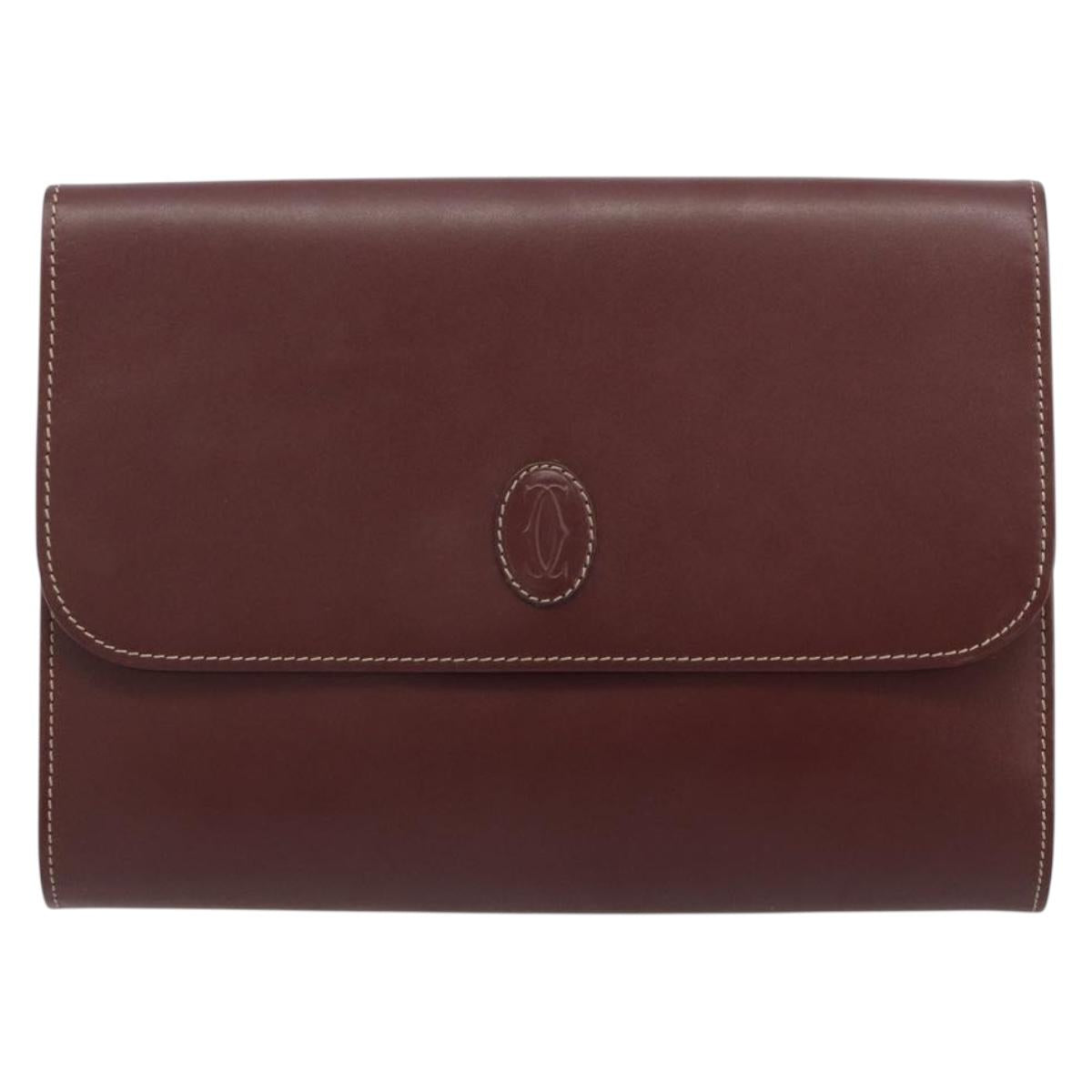 CARTIER Must Line Clutch Bag Leather Bordeaux Gold Auth 184473A