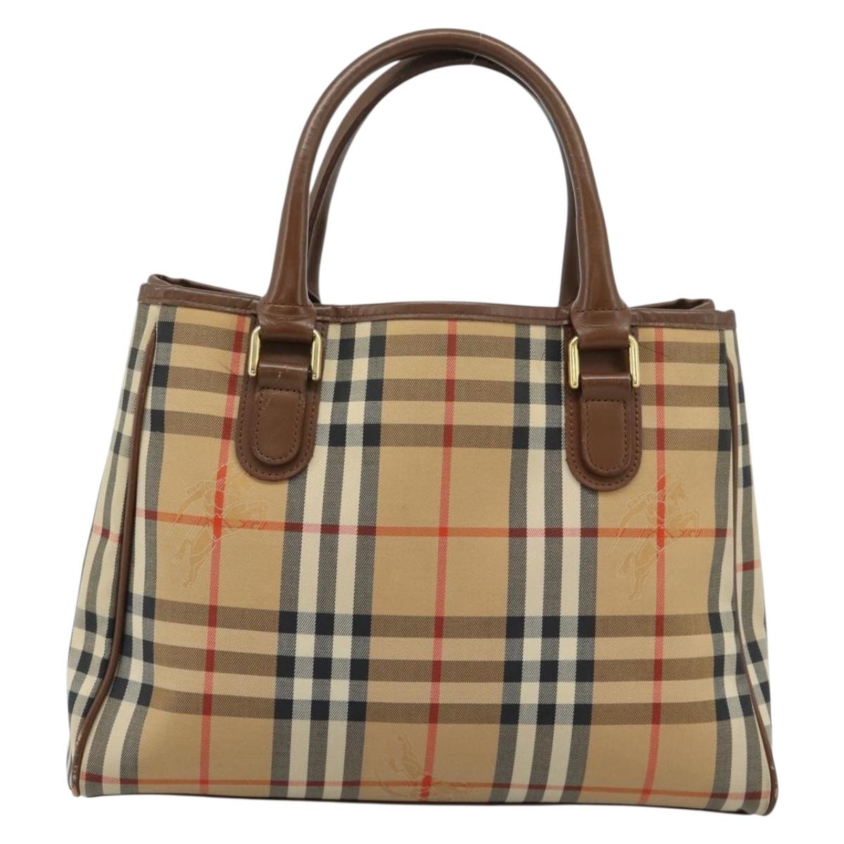 Burberrys Nova Check Hand Bag Canvas Beige Gold Auth 184516