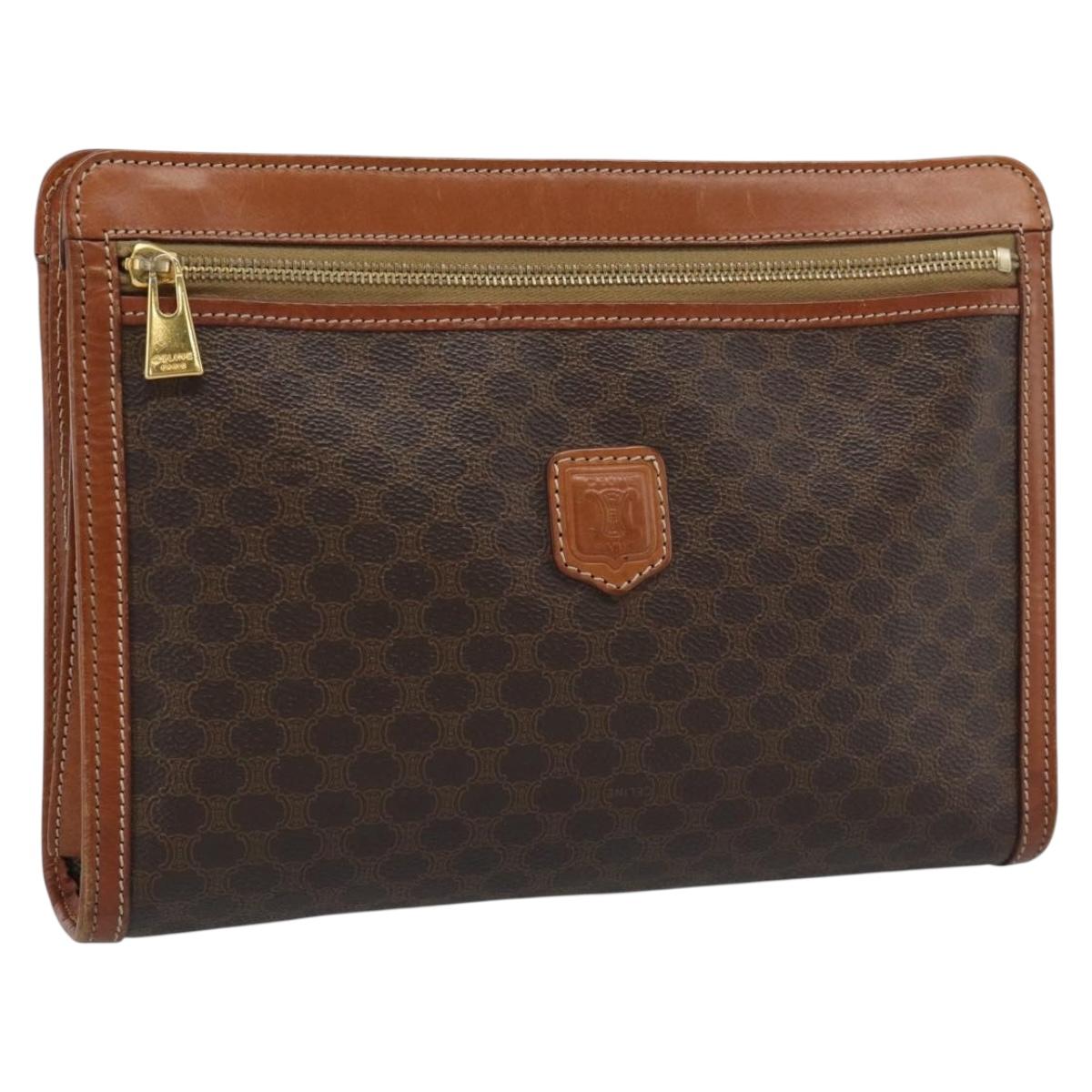 CELINE Macadam Canvas Clutch Bag PVC Leather Brown Gold Auth 184528