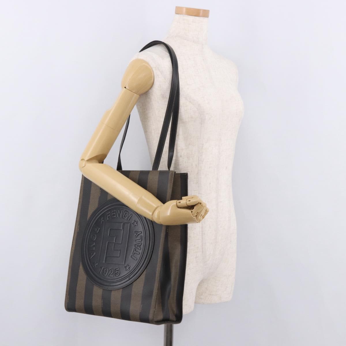 FENDI Pecan Canvas Tote Bag PVC Brown Black Auth 184531A