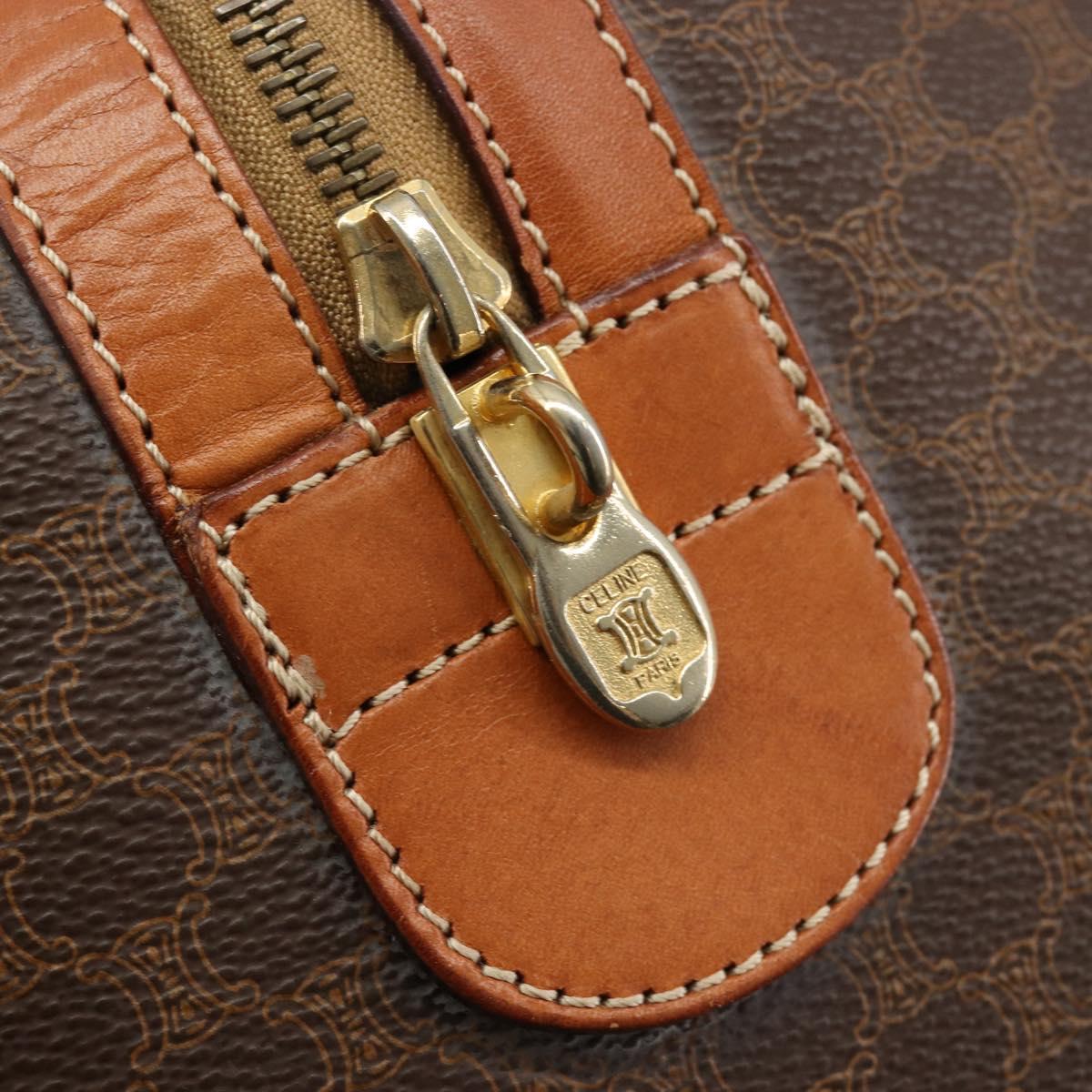CELINE Macadam Canvas Boston Bag PVC Leather Brown Gold Auth 184535A