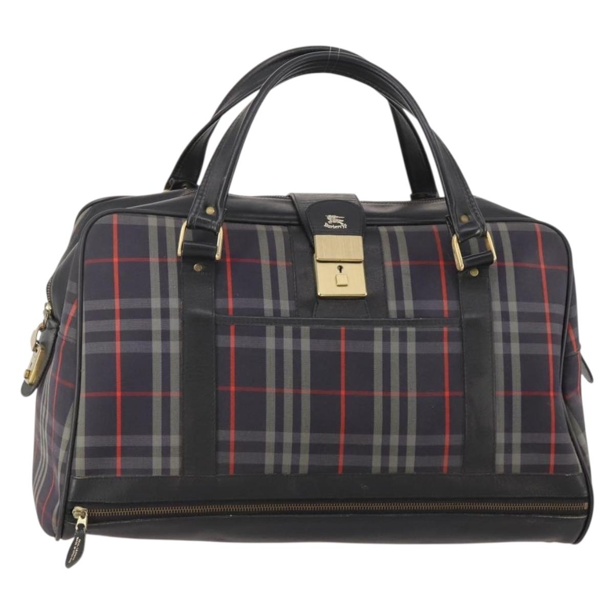 Burberrys Nova Check Boston Bag Canvas Navy Gold Auth 184536