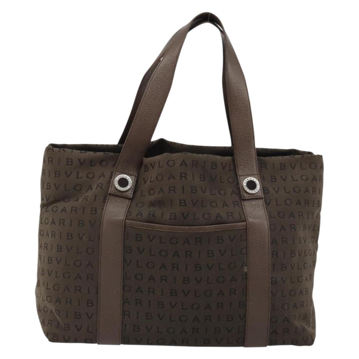 BVLGARI Logo Mania Tote Bag Canvas Brown Silver Auth 184540