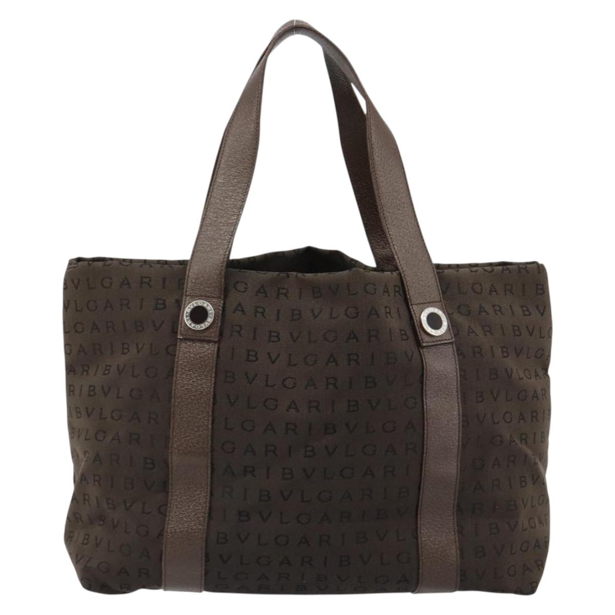 BVLGARI Logo Mania Tote Bag Canvas Brown Silver Auth 184540