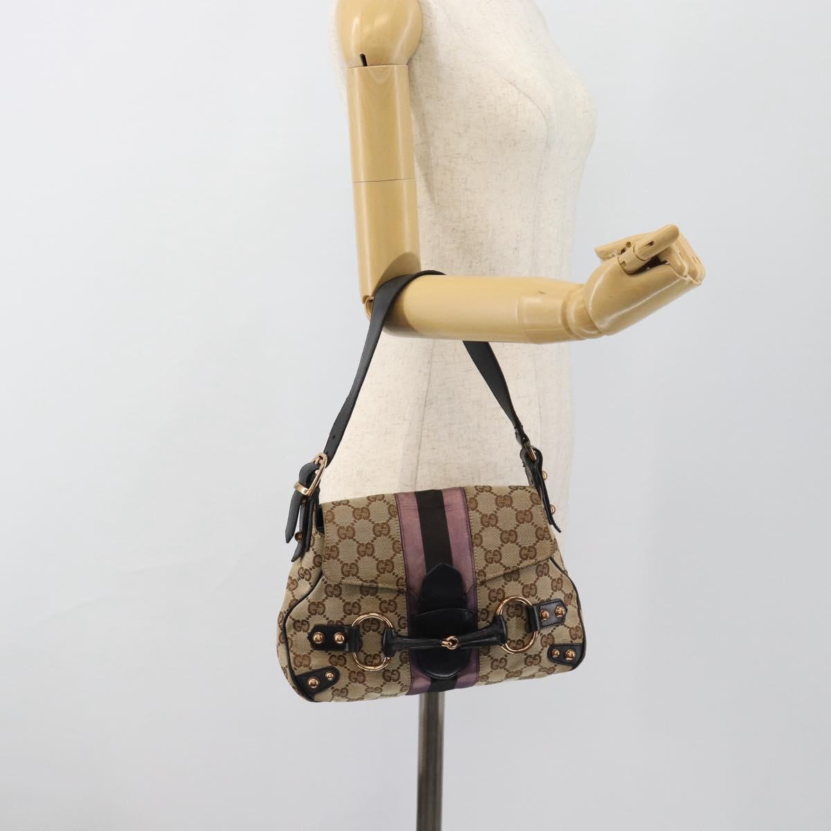 GUCCI GG Canvas Sherry Line Horsebit Shoulder Bag Beige Gold 129699 Auth 184548A