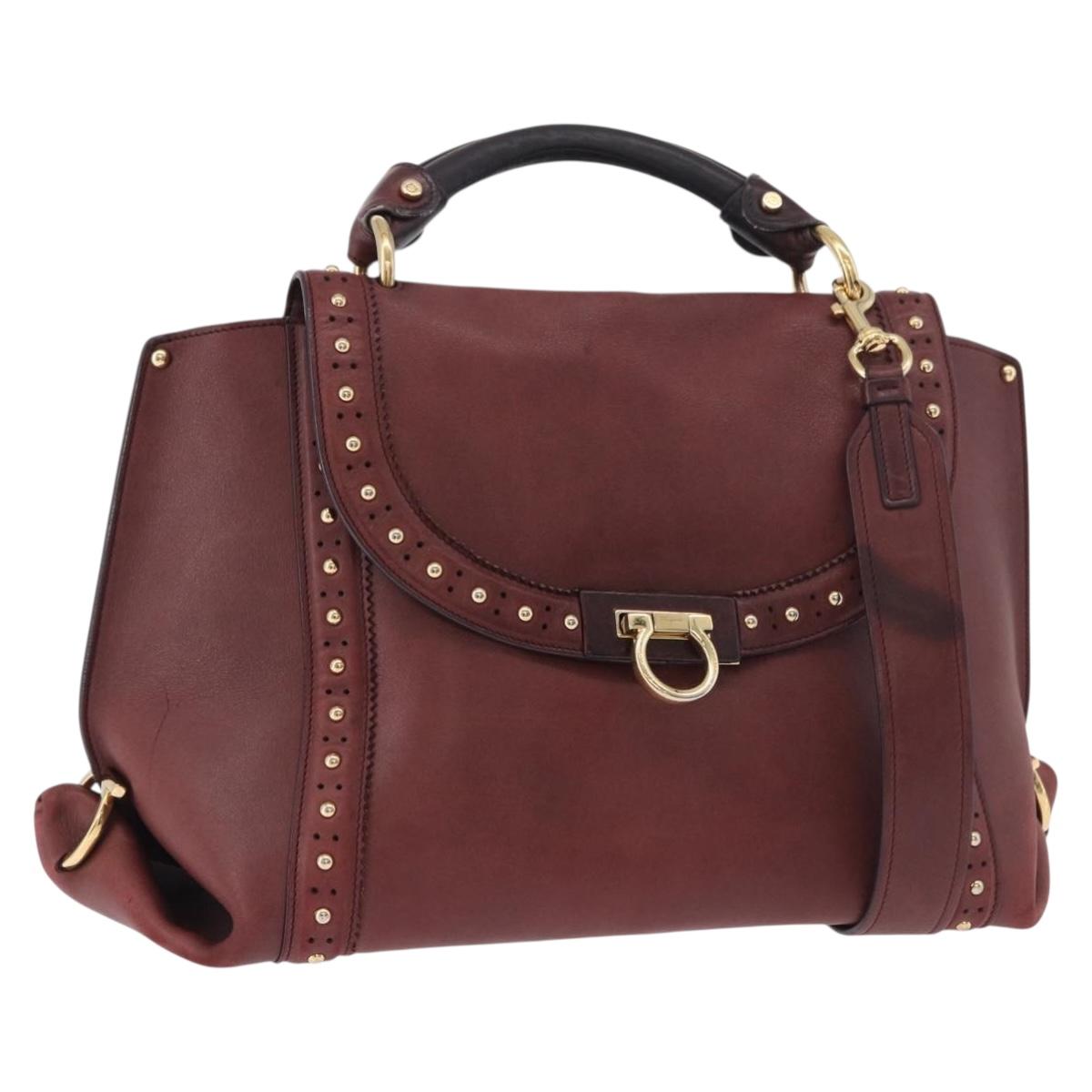 Salvatore Ferragamo Gancini Hand Bag Leather 2way Bordeaux Gold Auth 184549