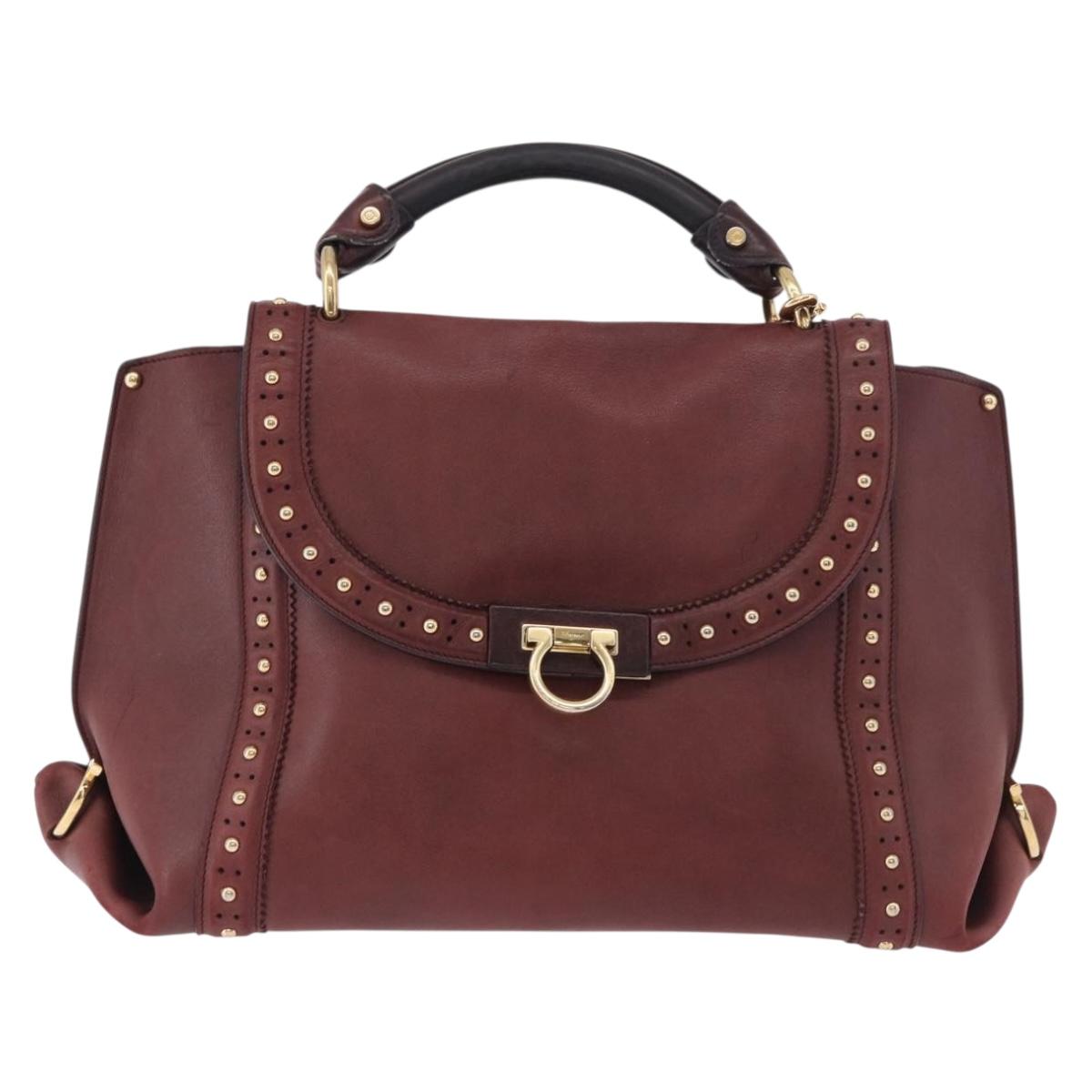 Salvatore Ferragamo Gancini Hand Bag Leather 2way Bordeaux Gold Auth 184549