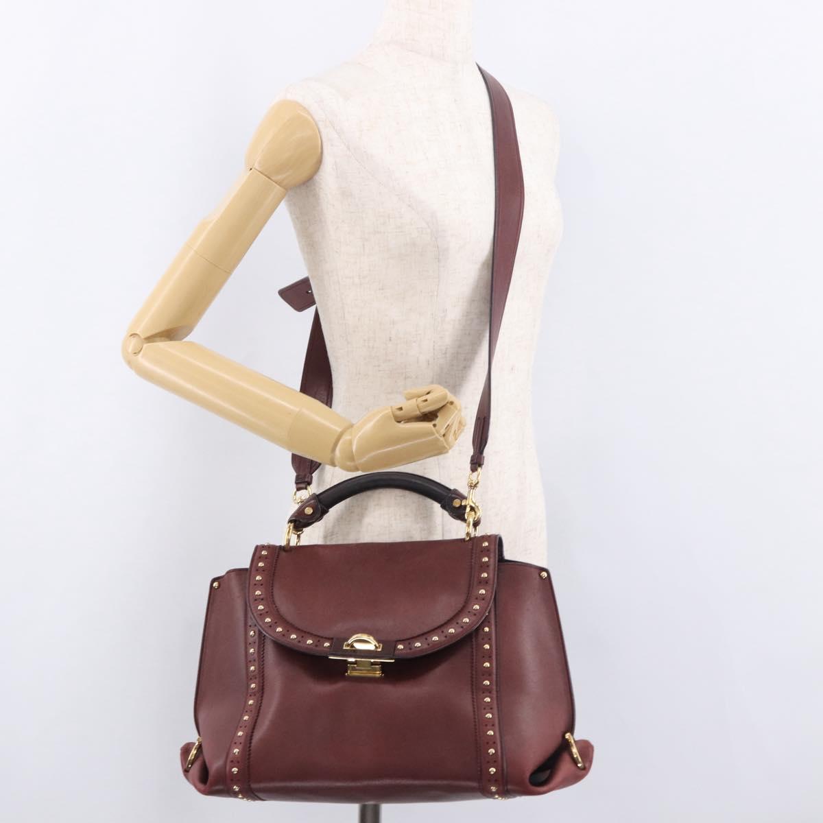 Salvatore Ferragamo Gancini Hand Bag Leather 2way Bordeaux Gold Auth 184549