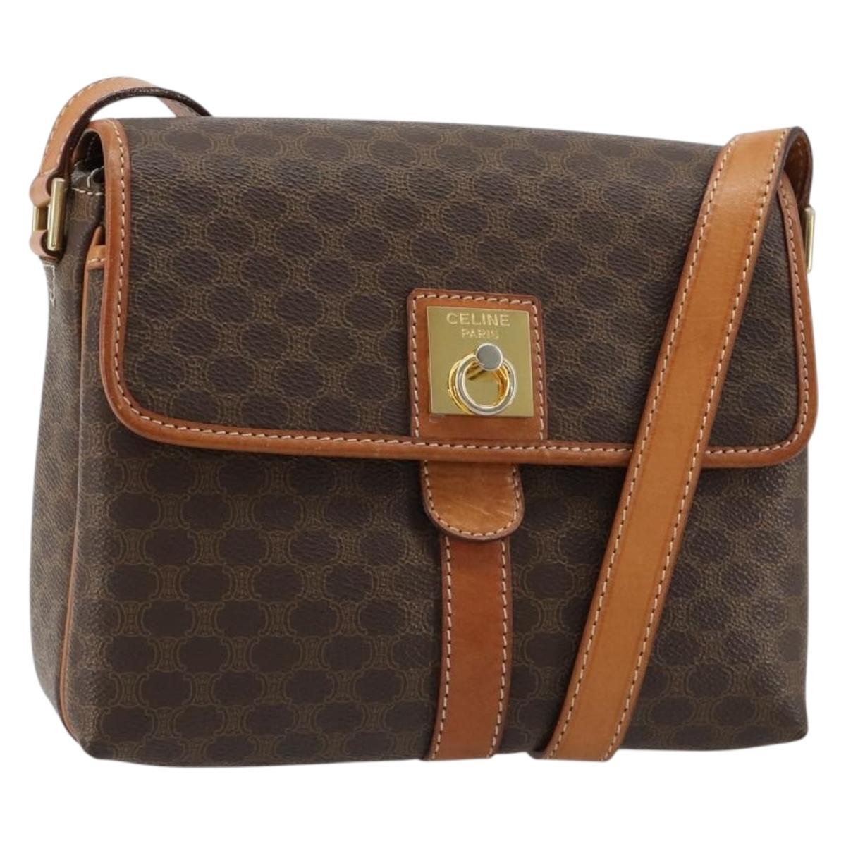 CELINE Macadam Canvas Shoulder Bag PVC Leather Brown Gold Auth 184552A
