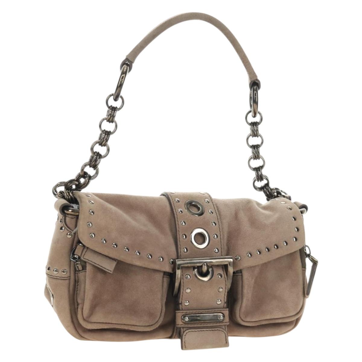 PRADA Chain Shoulder Bag Suede Beige Silver Auth 184553SAV