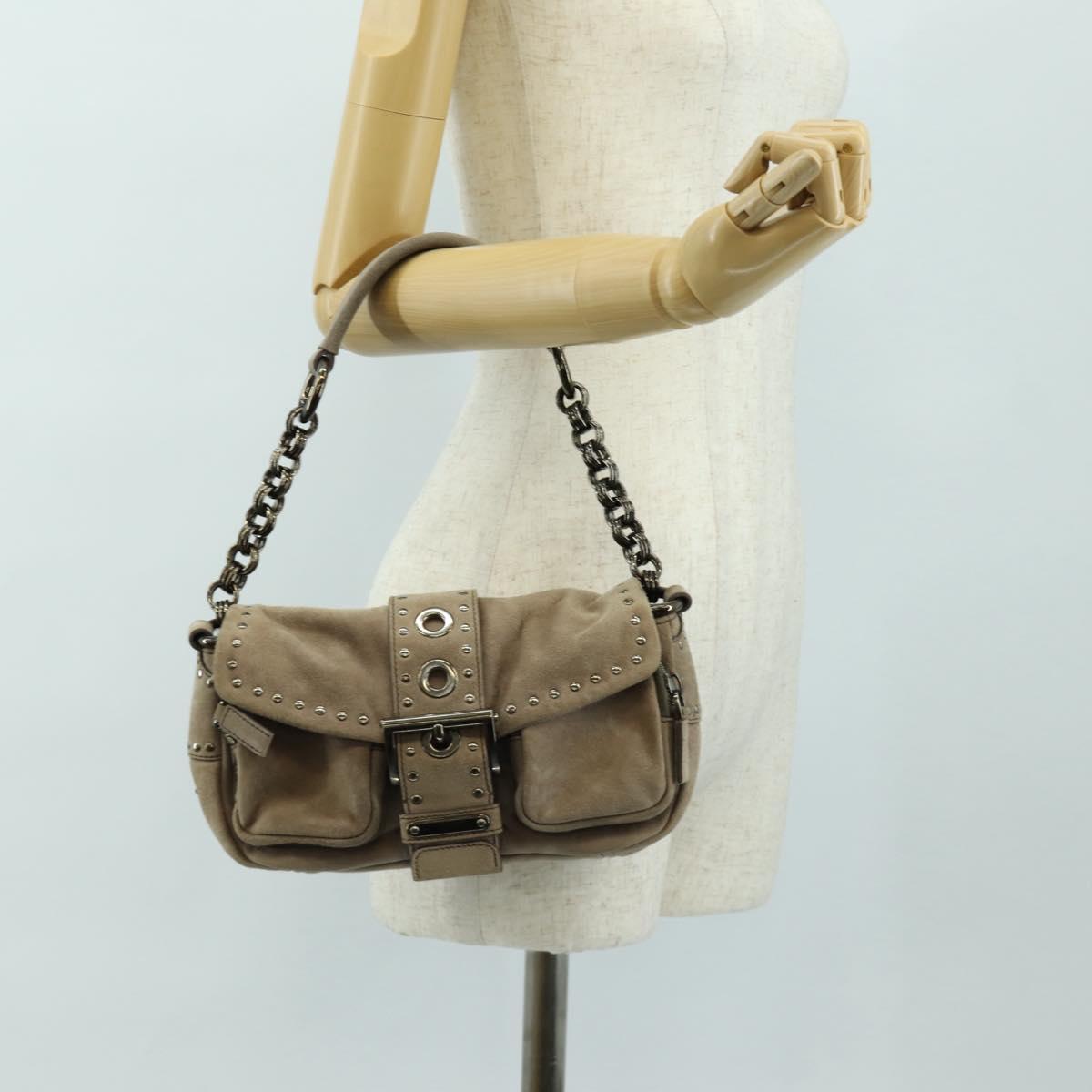 PRADA Chain Shoulder Bag Suede Beige Silver Auth 184553SAV
