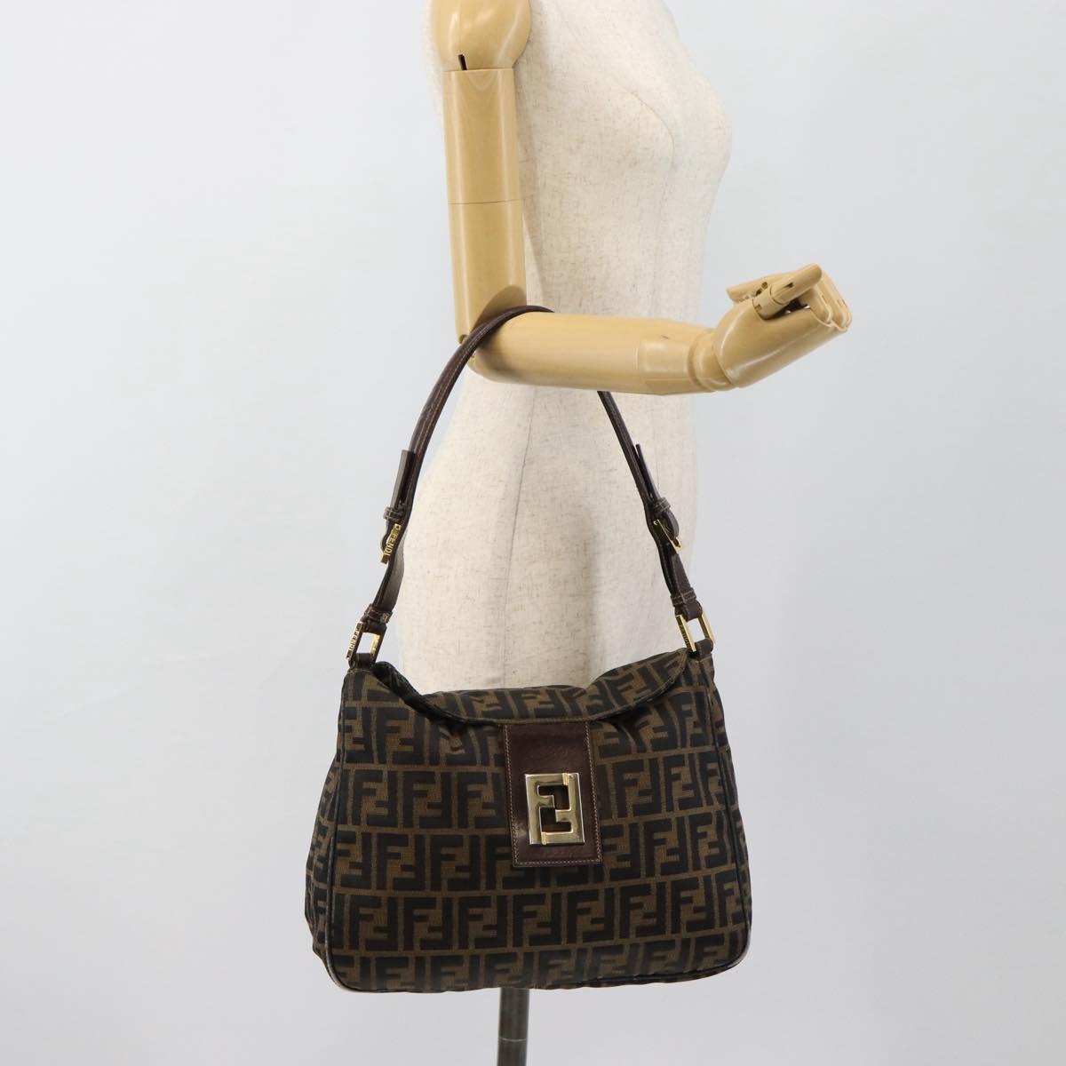 FENDI Zucca Canvas Mamma Baguette Shoulder Bag Black Brown Auth 184556