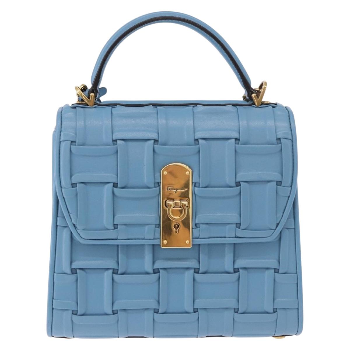 Salvatore Ferragamo Gancini Hand Bag Leather 2way Light Blue Gold Auth 184558