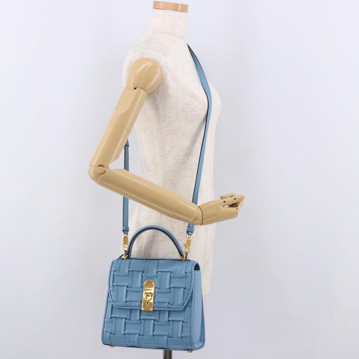 Salvatore Ferragamo Gancini Hand Bag Leather 2way Light Blue Gold Auth 184558
