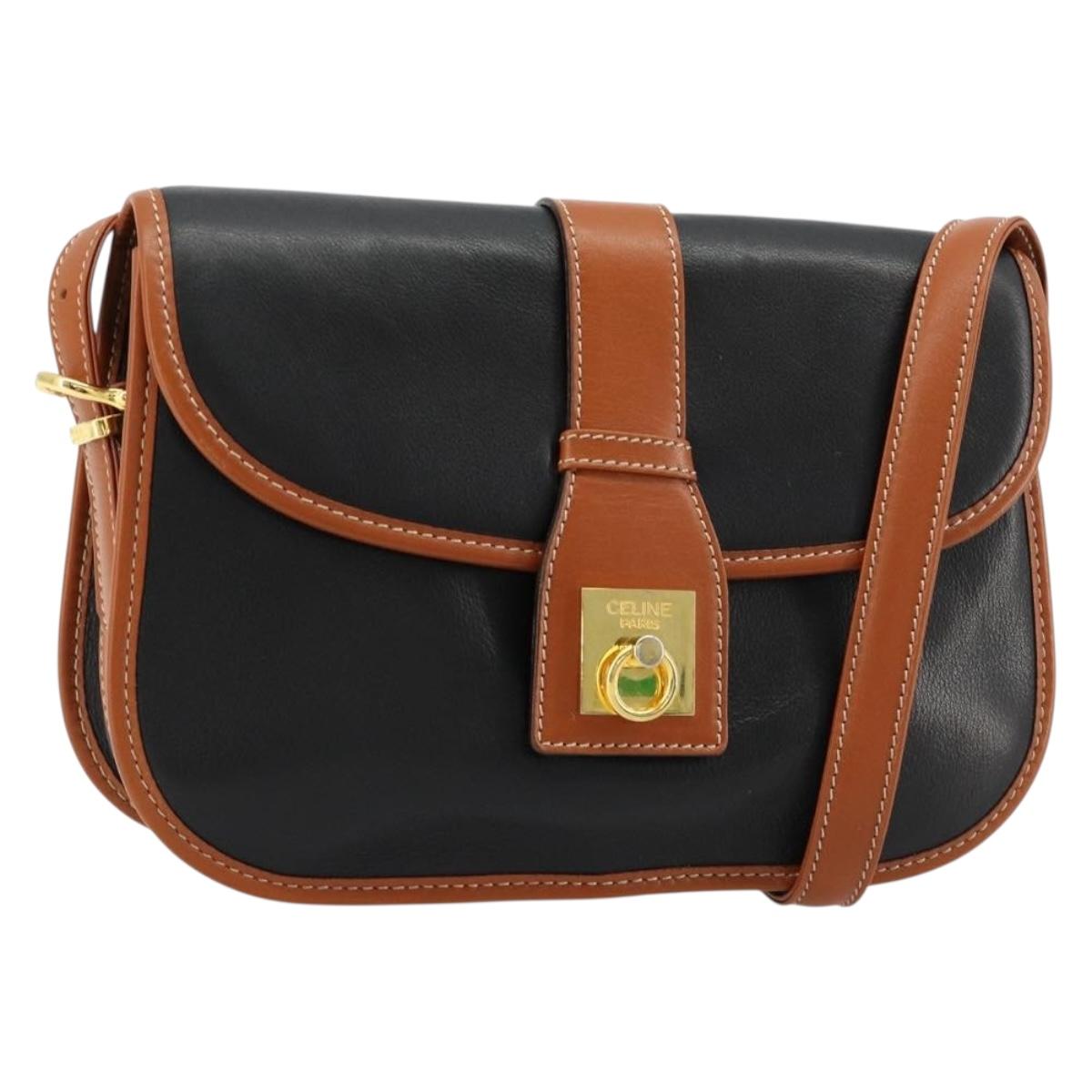 CELINE Shoulder Bag Leather Black Gold Auth 184561A