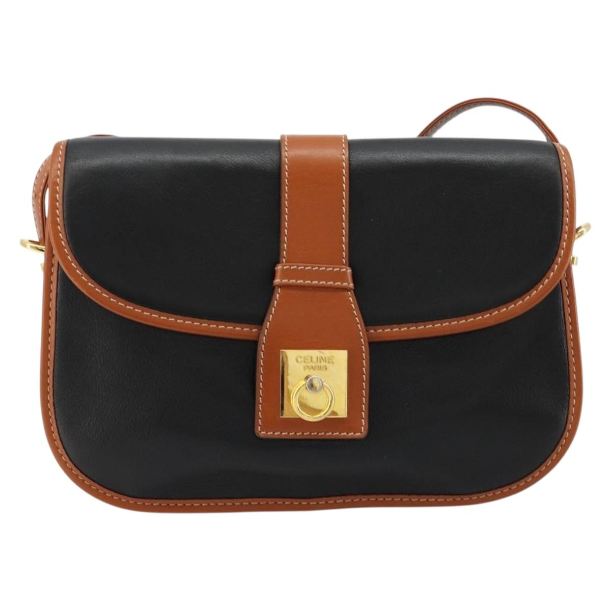 CELINE Shoulder Bag Leather Black Gold Auth 184561A