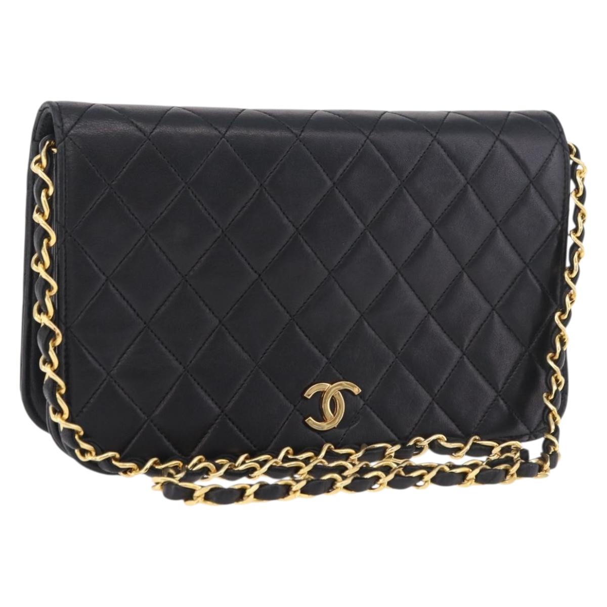 CHANEL Matelasse Chain Shoulder Bag Lamb Skin Black Gold CC Auth 184564