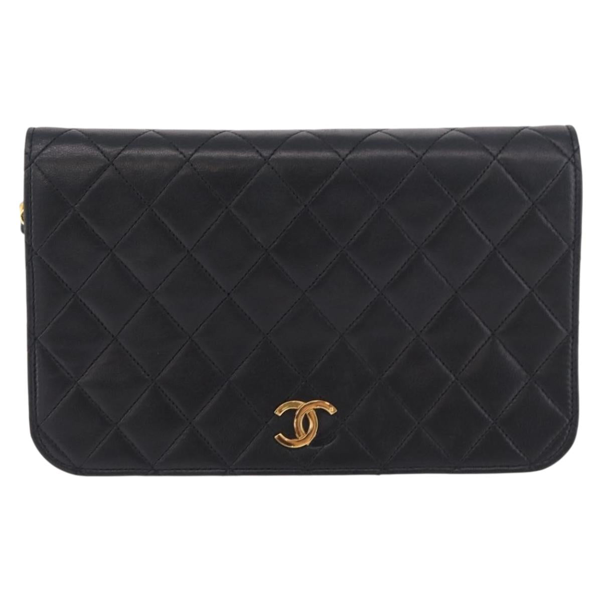 CHANEL Matelasse Chain Shoulder Bag Lamb Skin Black Gold CC Auth 184564