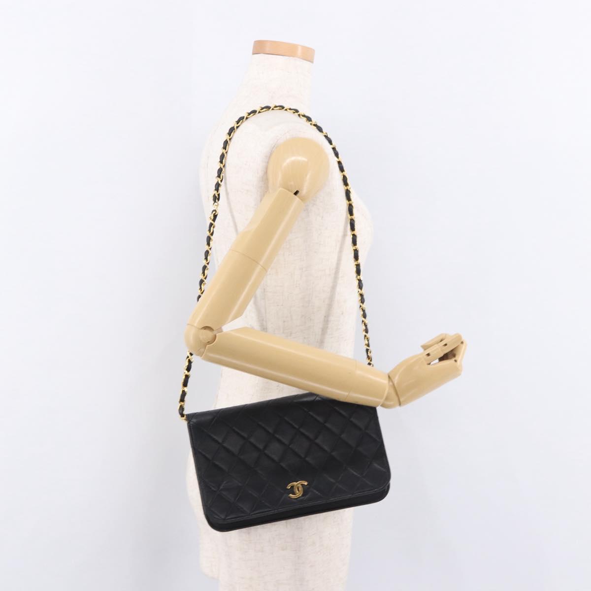 CHANEL Matelasse Chain Shoulder Bag Lamb Skin Black Gold CC Auth 184564