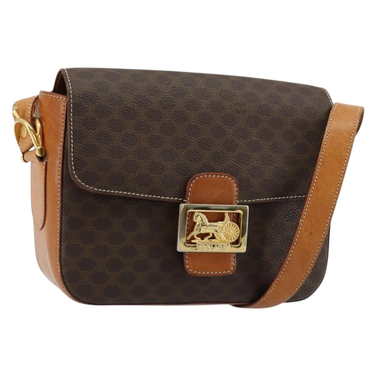 CELINE Macadam Canvas Horse Carriage Bag PVC Leather Brown Gold Auth 184567