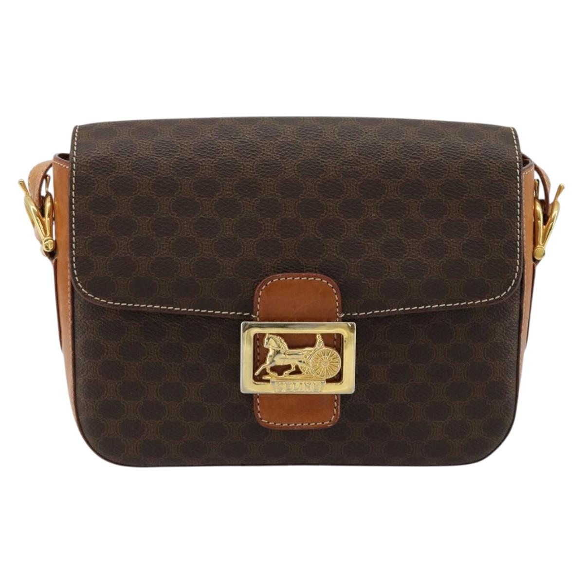 CELINE Macadam Canvas Horse Carriage Bag PVC Leather Brown Gold Auth 184567