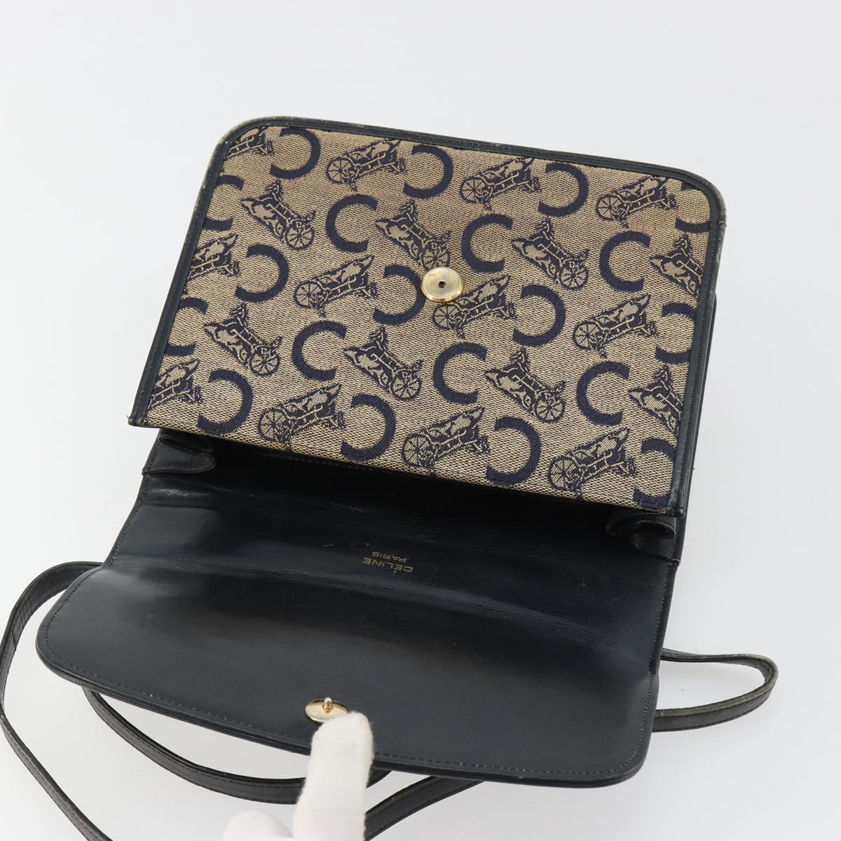 CELINE C Sulky Horse Carriage Shoulder Bag Canvas Navy Gold Auth 184574