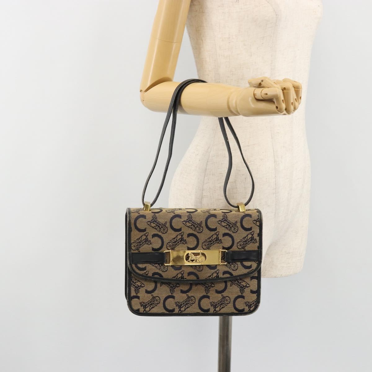 CELINE C Sulky Horse Carriage Shoulder Bag Canvas Navy Gold Auth 184574