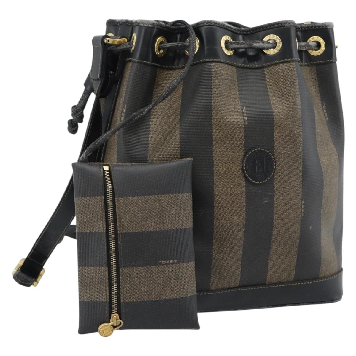 FENDI Pecan Canvas Purse Shoulder Bag PVC Brown Gold Auth 184581