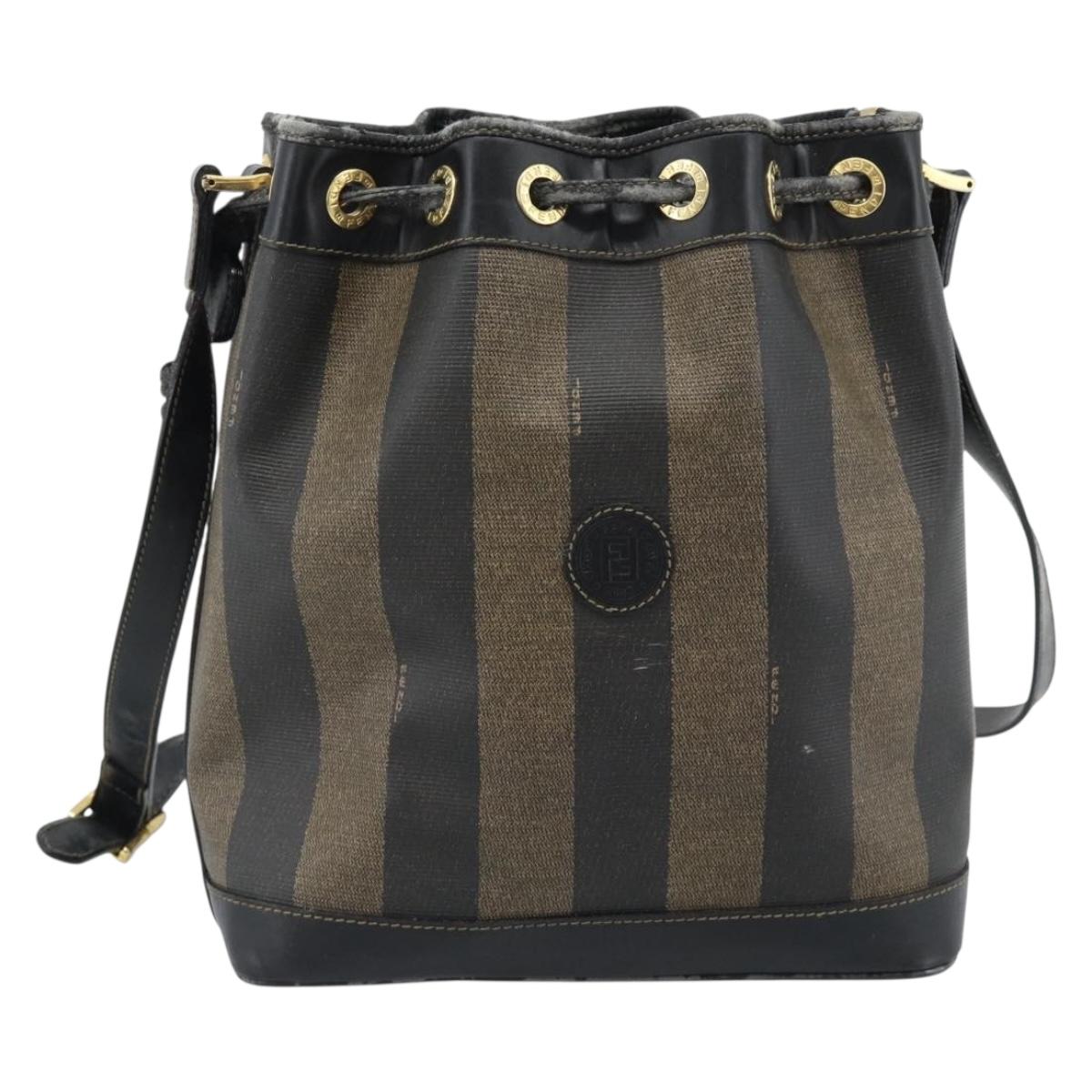 FENDI Pecan Canvas Purse Shoulder Bag PVC Brown Gold Auth 184581