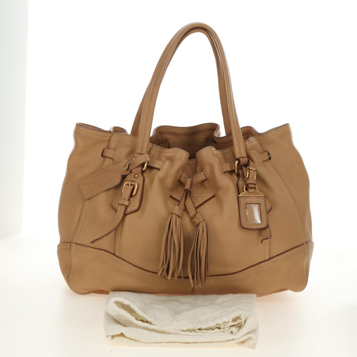 PRADA Tote Bag Leather Beige Gold Auth 184582V