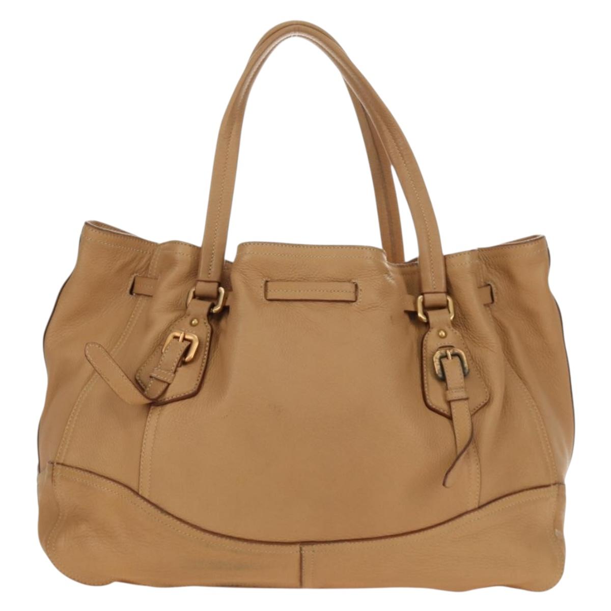 PRADA Tote Bag Leather Beige Gold Auth 184582V