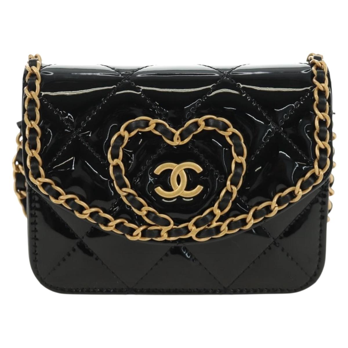 CHANEL Matelasse Chain Shoulder Bag Patent leather Black Gold CC Auth 184590SAM